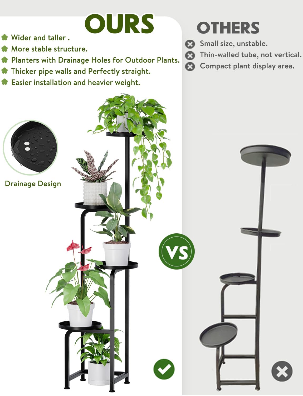 TOSKING Tall 4-Tier Square Metal Plant Stand Outdoor, Drainage Trays, Black