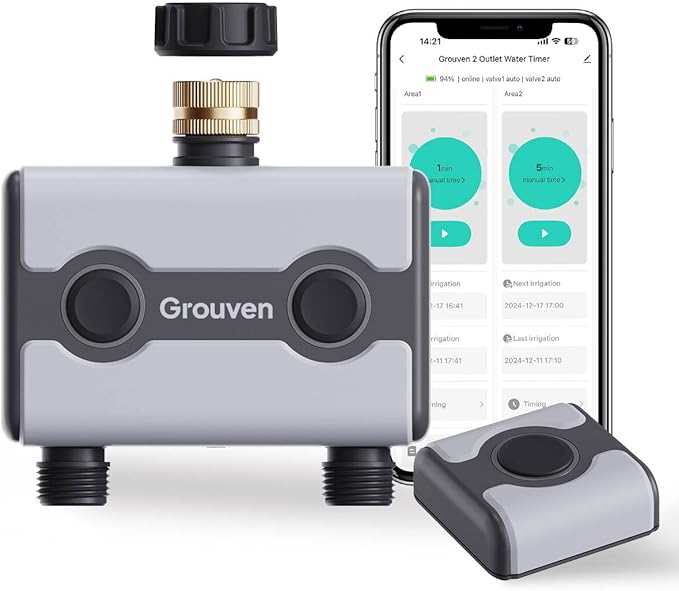 WiFi Sprinkler Timer 2 Outlet Water Timer with Rain Delay APP Control via 2.4Ghz WiFi and Bluetooth Outdoor Watering Automate Water & Sprinkler Schedules for Garden