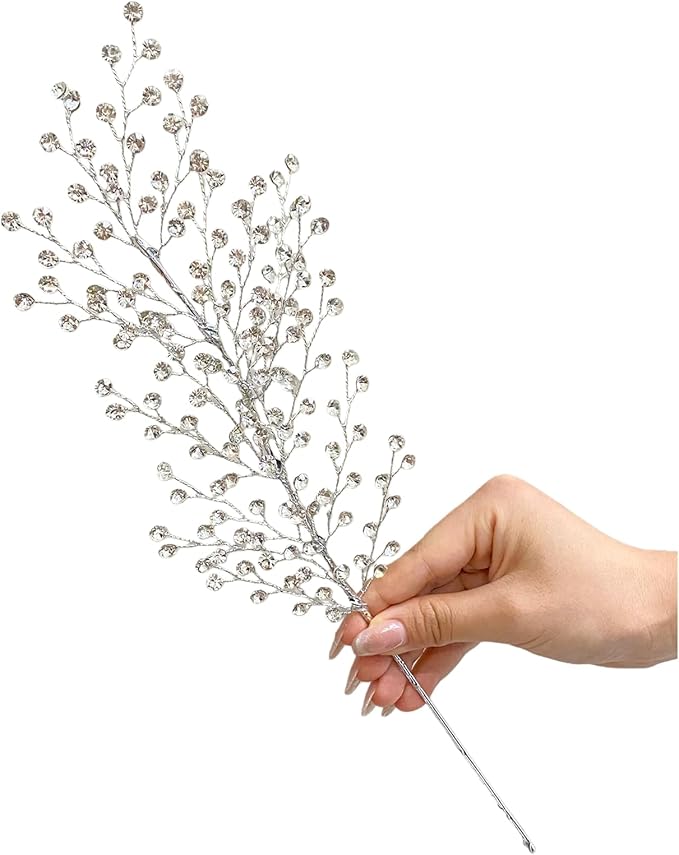 White Crystal Picks Sparkling Glitter Berry Stem Ornaments Festive Christmas Tree Crystal Decorations Vase Fillers Holiday & Wedding Party Decor(K112-silver,1pcs)