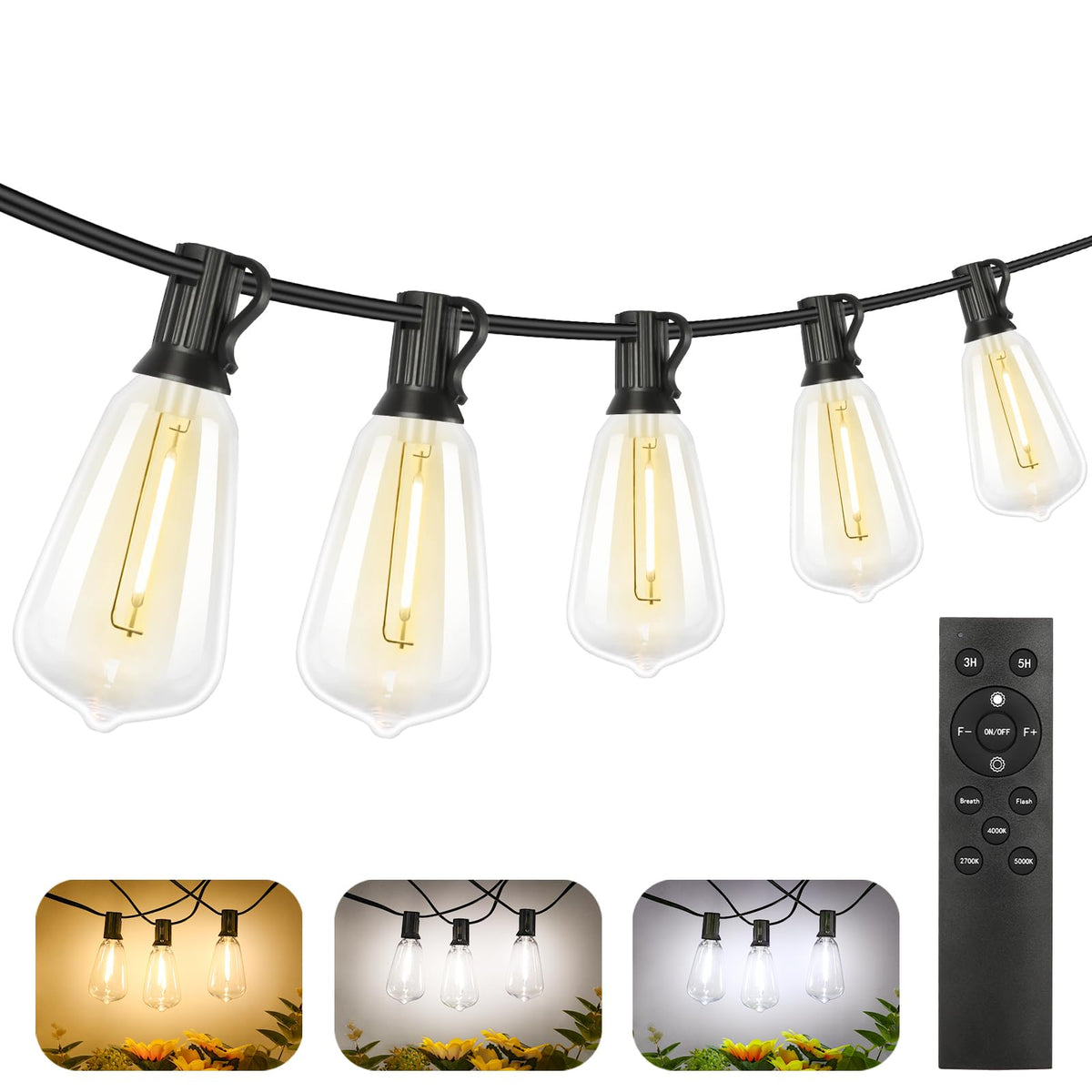 Brightever 150FT Outdoor Lights with Remote, 2700K/4000K/5000K Selectable LED String Lights for Outside with 75+2 ST38 Shatterproof Edison Bulbs, 3 Modes Dimmable Waterproof Hanging Lights for Patio