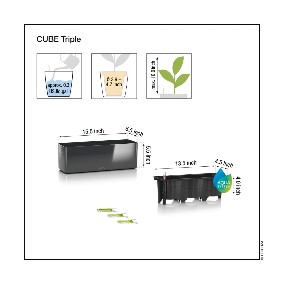 Lechuza Cube Glossy Triple Cream White High Gloss, Self-Watering Window Box, H5.5 L15.7 W5.5 in
