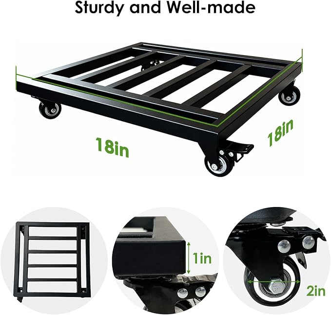 Hongsane 18" Square Plant Stand with Wheels Heavy Duty,Large Metal Plant Caddy Indoor Outdoor Use,Rolling Plant Dolly with Industrial Casters,Rust-Proof Black Plant Tray for Large Planters Pots,1-Pack