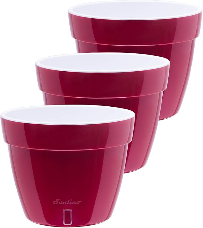 DECOPOTS - 3 Pack - Self Watering Planter - Modern Flower Pot with Water Level Indicator - 7.1" Tall - for All House Plants, Flowers, Herbs (Diameter 9.2", Red - Pearl/White)