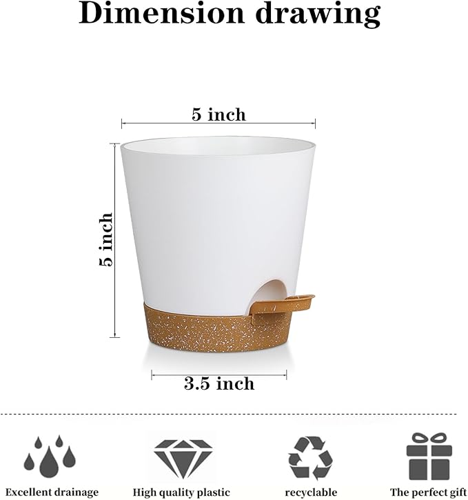 5 Pack 5 inch Self-Watering Pots, African Violets Planter with Drainage Holes and Reservoir, White Brown Plastic Planter for Indoor Outdoor Plants Flowers and Houseplants White Brown, 5 inch 5 pcs