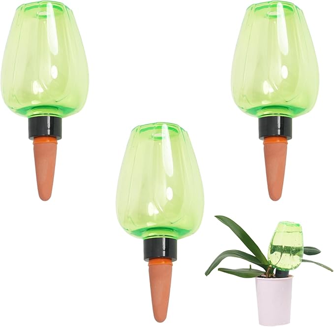 3pcs Plant Self Watering Globes, Plastic Water Bulbs Top Fill, 12.3 oz Plant Watering Devices System Slow Release Terracotta, Water Spikes Stakes for Indoor (Green-3pack)