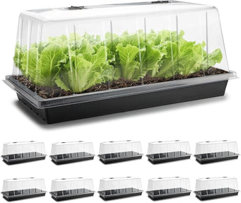 1020 Trays with Tall 7.3'' Dome, 10-Pack Extra Large Seed Starter Tray with Humidity Domes, Heavy Duty 1020 Seed Trays and Flats with Lid, Seed Germination Mini Greenhouse No Hole for Balcony Garden