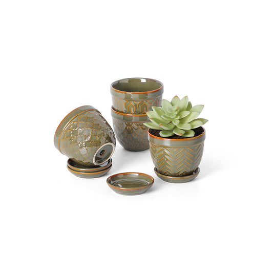 Sureasy Succulent Pots, 3.5 Inch Flower Pots for Indoor Plants, Small Plant Pots with Saucer & Drainage, Decorative Ceramic Planters for Succulent, Cactus, Set of 4, Green