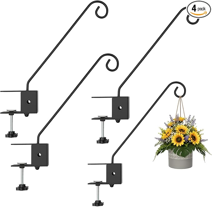 XINWXSS Deck Hook Rail Set of 4, 17 Inch Heavy Duty Deck Hook, 360 Degree Swivel Plant Hanger, Solid Metal Deck Hangers for Hanging Bird Feeders, Wind Chimes, Lanterns and Flower Pots, Black