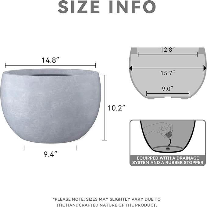 Kante 15.7" Dia Round Concrete Planter, Outdoor/Indoor Large Bowl Plant Pots with Drainage Hole and Rubber Plug for Garden Patio Balcony Home, Slate Gray