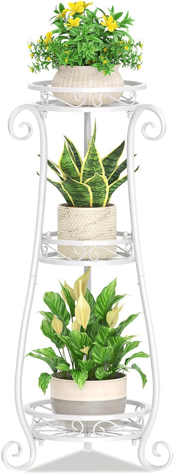 KMOTASUO 3 Tier Metal Plant Stand for Multiple Large Planters Indoor Outdoor Organizer, Heavy Duty Tall Flower Rack for Corner Patio Bathroom Office Corner, Modern Sturdy Vertical Iron Rack, White