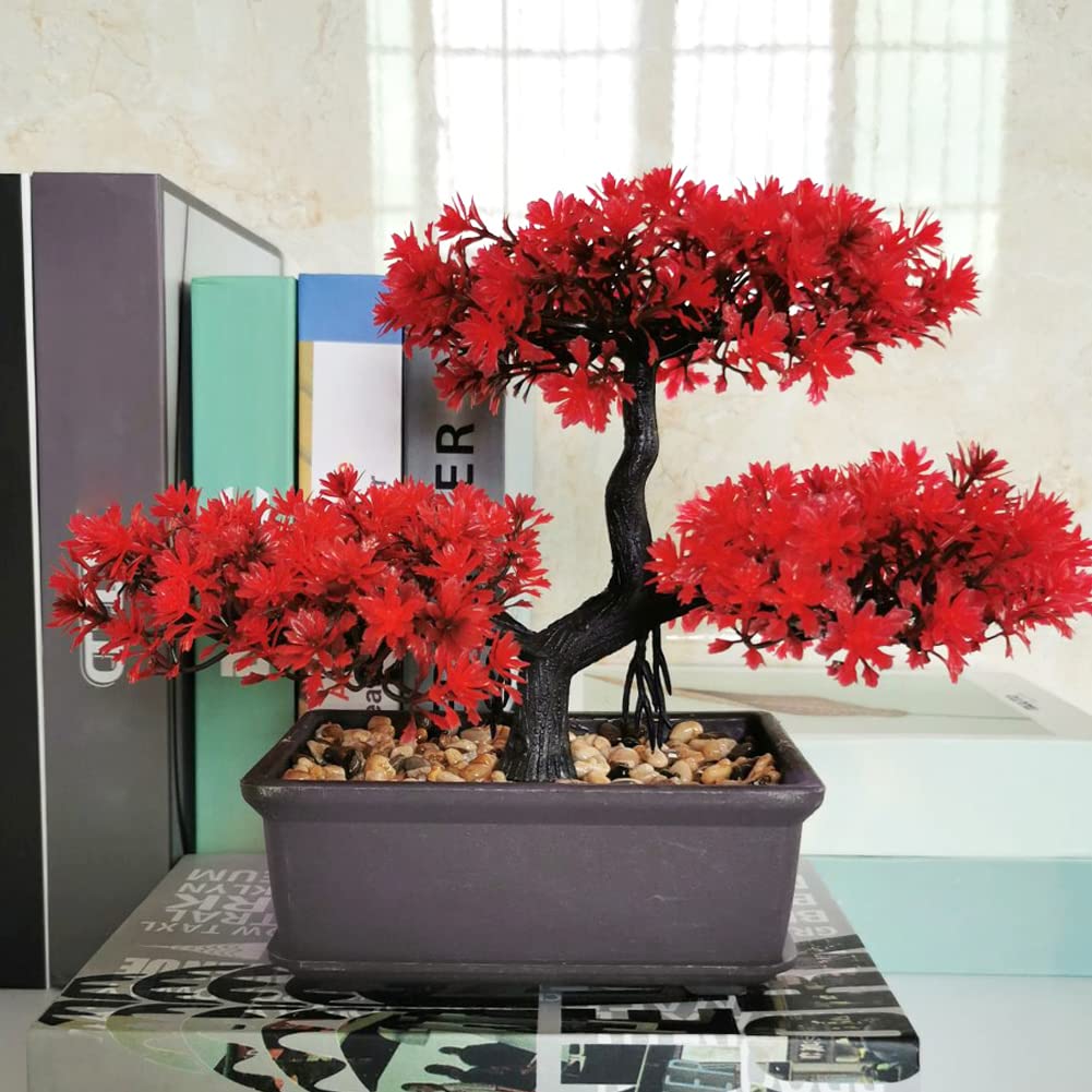 Meluvora 8.66" Artificial Bonsai Tree with Textured Trunk, Broad Canopy and Pebble Base for Bathroom Desk Shelf, Japanese and Zen Decor(Red)