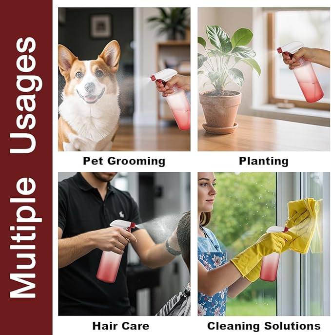Plastic Spray Bottles 12oz 2 Pack Adjustable Mist/Stream Spraying Heavy Duty Square Water Spray Bottles for Hair, Cleaning Solutions, Plants, Essential Oils (Red)
