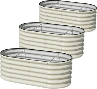 SnugNiture 3 Pcs 4x2x1.5ft Raised Garden Bed Outdoor, 17" Tall Galvanized Metal Planter Box, Oval Raised Garden Bed Kit for Planting Vegetables Plants Fruits, Beige White