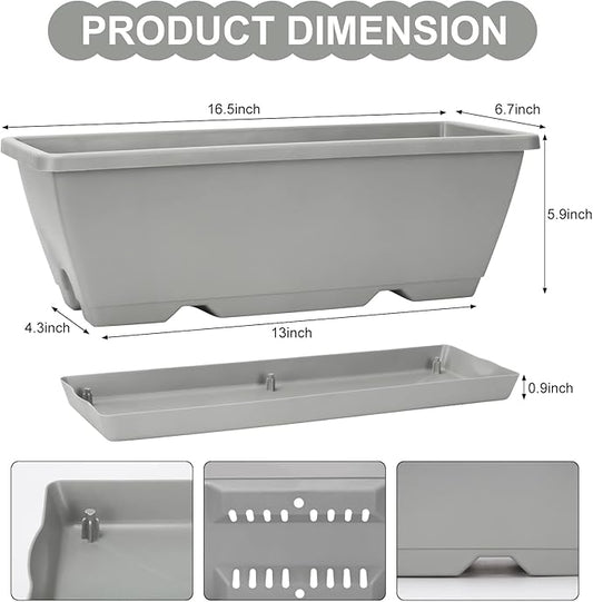 Window Box Planter, 6 Packs 17 Inches Rectangle Planters Box with Drainage Holes and Trays, Vegetable Planters for Windowsill Patio Garden Home Decor Porch Yard Light Gray