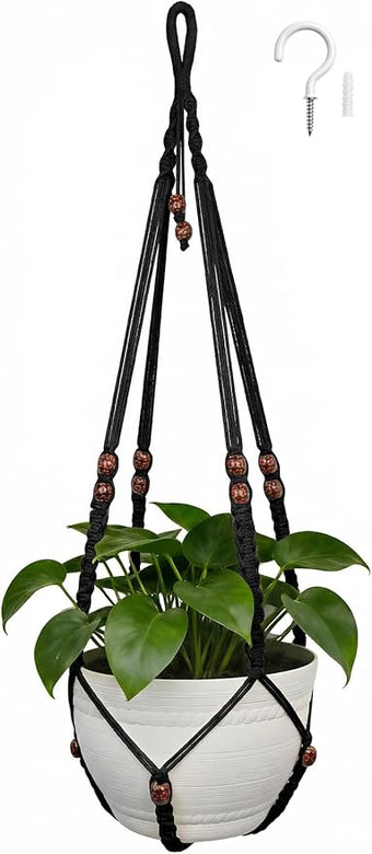 HOREAKHJ 35 Inch Macrame Plant Hanger, Large for up to 15 Inch Pot Extra Long Hanging Planter Holder Basket with Wood Beads for Indoor Outdoor Home Decor (Black, 1-Pack)