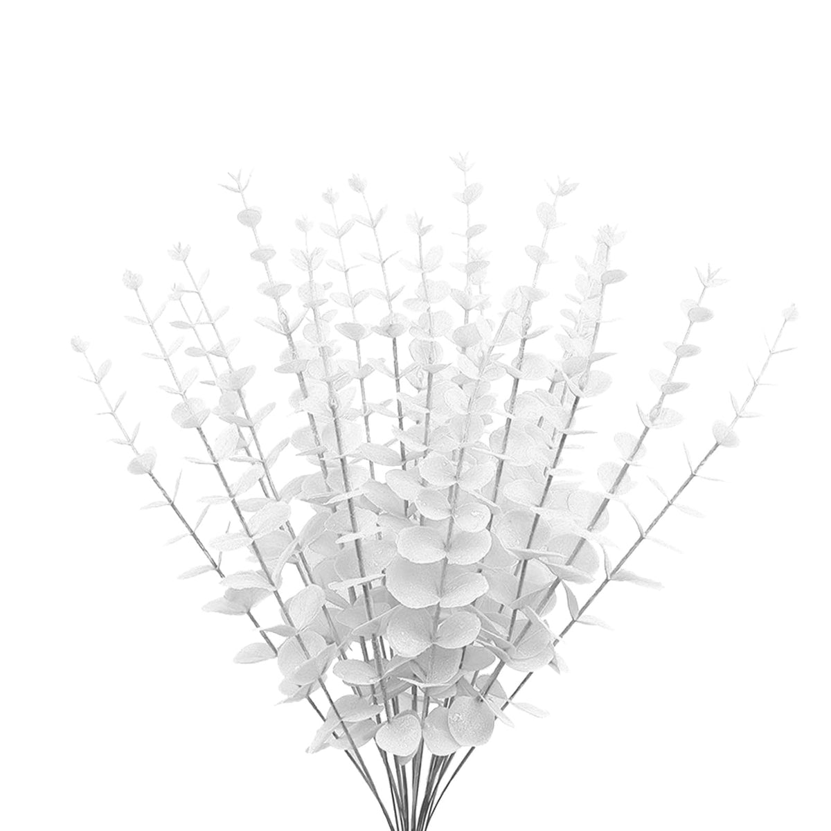 ABAJI Plastic Eucalyptus White Stems 12 Fake Faux Decorations Artificial Leaves Greenery Plant Leaf Home Office House Table Desk Decor Wedding Party Vase Forever Live
