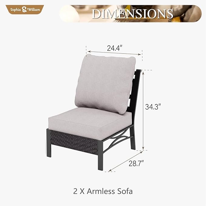 Sophia & William 2 Pieces Patio Furniture Sets, All-Weather Outdoor Sectional Armless Sofa (Beige)