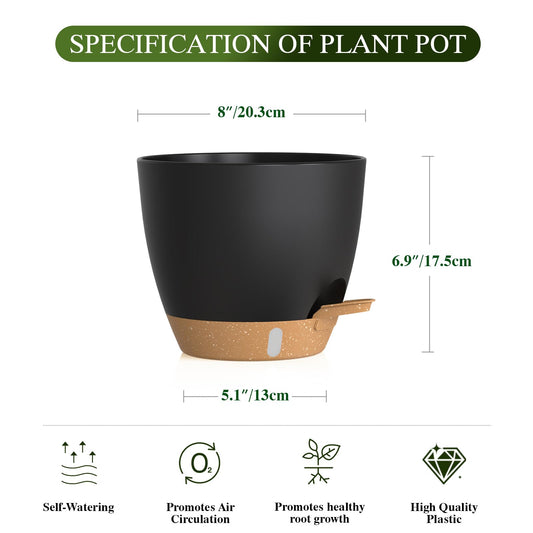 KUGAZ Self Watering Pots with Drainage Holes, 2 Pack 8 Inch Plant Pots with Water Level Indicator Deep Reservoir, Large Plastic Planter for Indoor Outdoor Plants - Black Brown