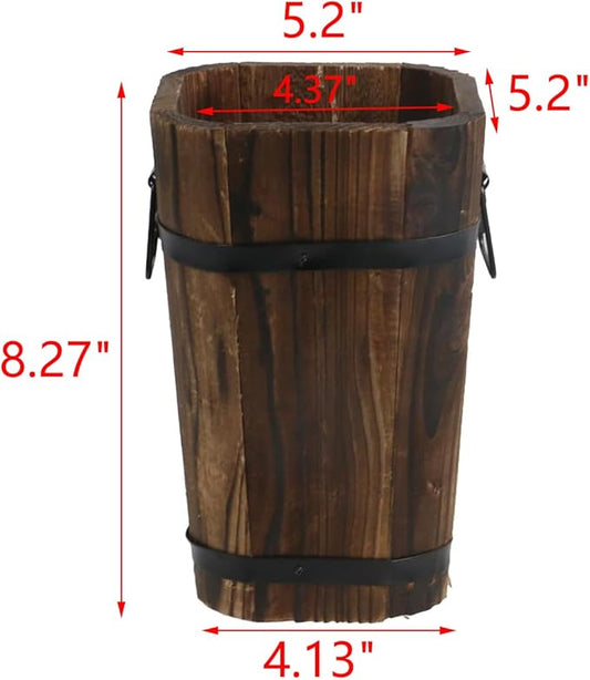 MY MIRONEY Plant Pots, Vintage Wooden Barrel Planter - Solid Rustic Garden Flower Pot with Metal Handles & Frame for Indoor Planter, Office Home Decor, Garden Home Plants, 5.2" x 8.27"