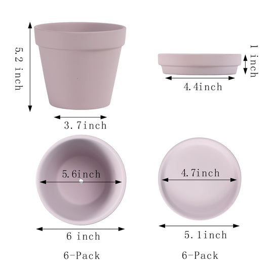Yishang Large Terra Cotta Pots with Saucer- 6 Pack Large 6'' Terra Cotta Plant Pot with Drainage Hole, Flower Pot with Tray, Terracotta Pot for Indoor Outdoor Plant(Purplr)