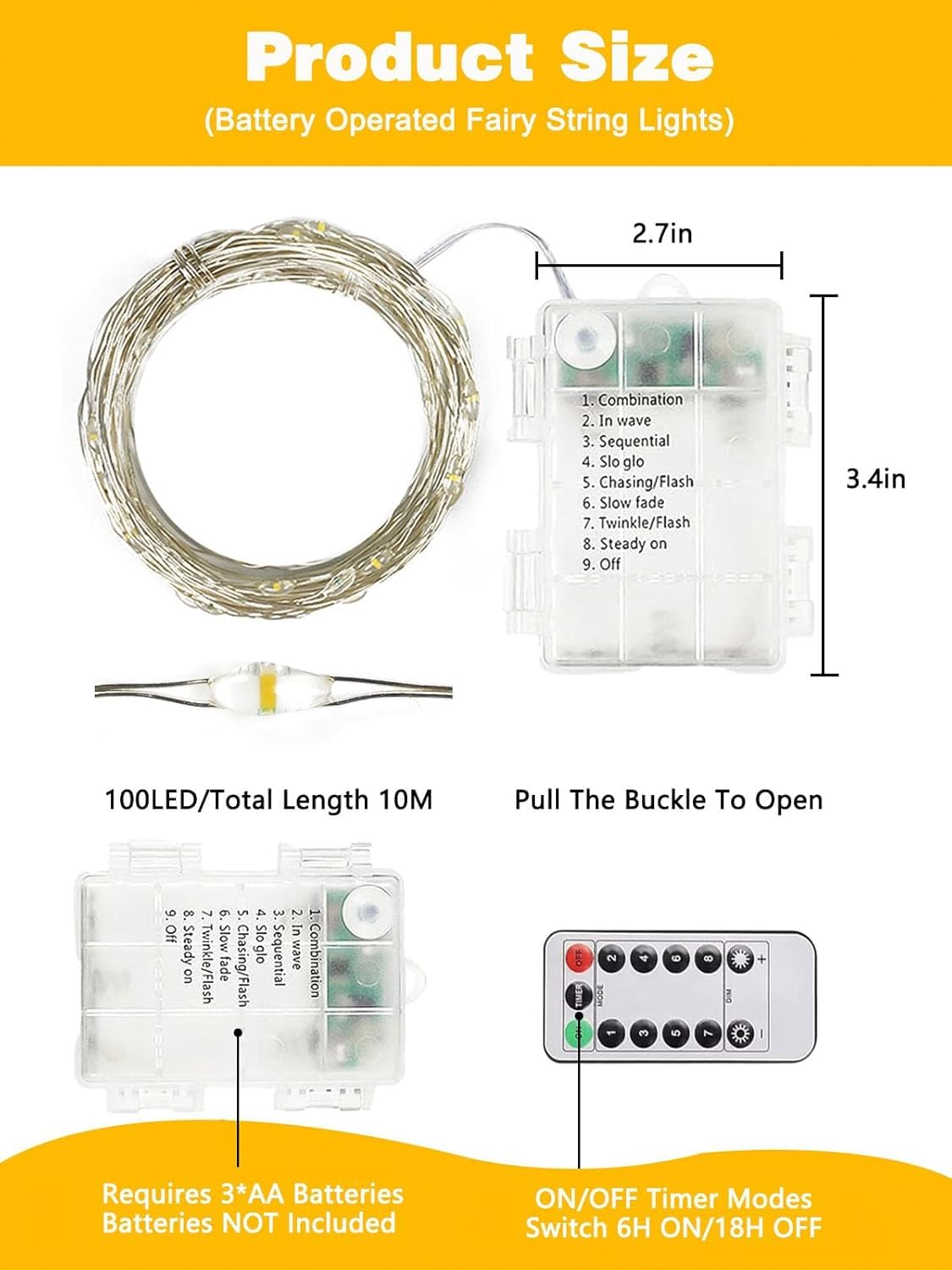 6 Pack 100 LED Fairy Lights Battery Operated with Remote, 33 FT Warm White