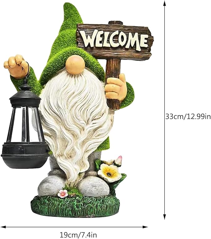 Garden Gnome Statue Outdoor Decor Large Flocked Resin Gnome Figurine with Solar Light Holding Lantern Welcome Sign Garden Yard Decorations Dwarf Sculpture for Outside Patio Porch Lawn Decor.