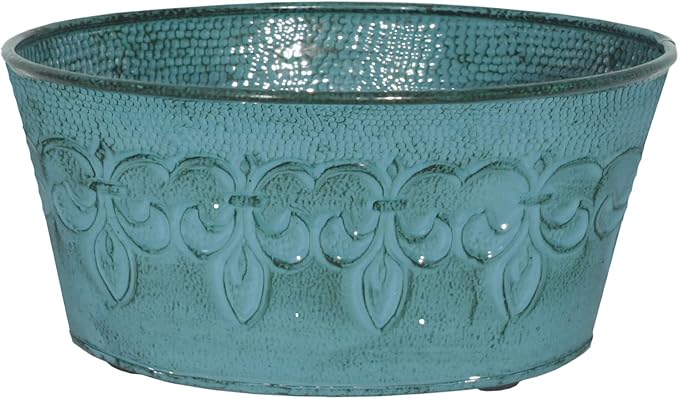Robert Allen MPT01893 Fluer De Lis Series Metal Bowl Planter Flower Pot, 8", Color Surf Blue