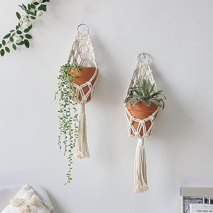 Artilady Boho Macrame Plant Hangers - Handmade Hemp Rope Hanging Baskets for Indoor Plants with Ceiling Hooks, Bohemian Home Decor Outdoor Wall Art (White Hanger)