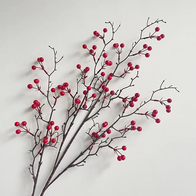 KYMY Artificial Red Berry Branch 27.5 Inch, Faux Winter Berry Stem for 2026 Chinese Vietnamese New Year Decorations, Realistic Holiday Floral Pick for Vase Table Home Party Decor