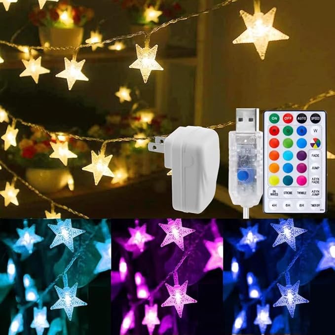 Minetom Star String Lights for Bedroom - 33 ft Plug-in Color Changing Star String Lights with Remote and Timer for Bedroom Tent Loft Bed Window Backyard Patio Porch Balcony Party Wedding, RGB