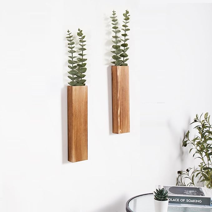 2-Pack Wood Wall Planters with 4 Removable Faux Eucalyptus Stems - Modern Farmhouse Wall Decor for Living Room, Bedroom, Bathroom - Wooden Wall Vases and Fake Eucalyptus for Home Office Decor