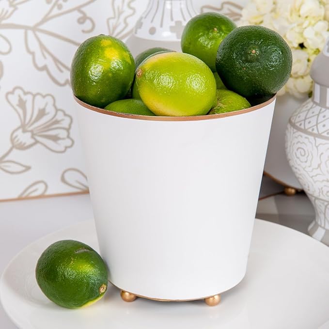 Jaye's Studio Mattie White, Decorative Round Cachepot & Planter, Matte White, Gold Trim & Finish, Hand-Painted, Handcrafted Metal, Luxury Indoor Planter, Size 6"
