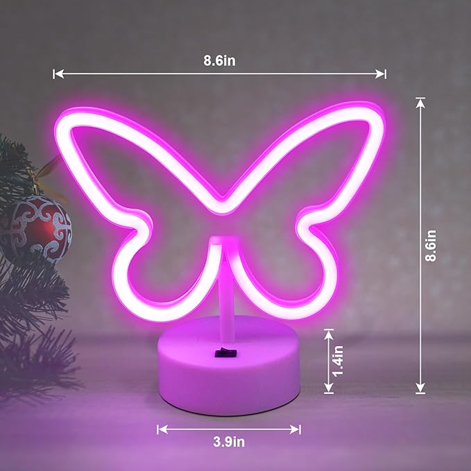 BRIGHTDECK 2 Pack Butterfly Neon Signs, LED Pink Butterfly Sign Battery or USB Powered Decoration Lamp, Neon Lights Heart Decor for Valentines Day, Bedroom, Wedding, Party, Pink Room Decor