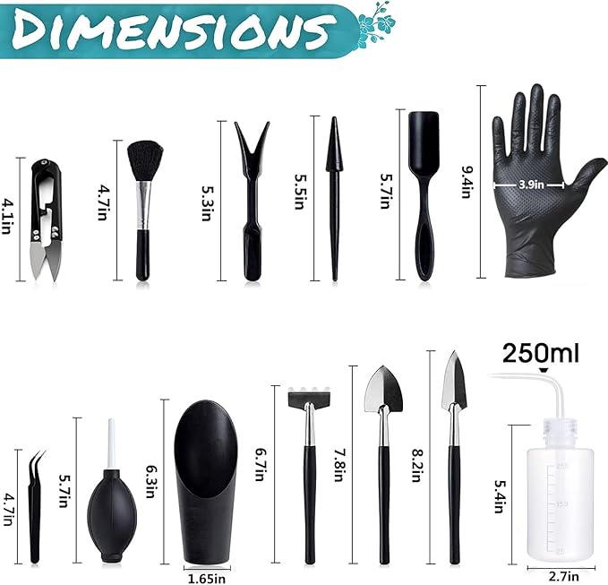 Melphoe 25Pcs Mini Garden Hand Transplanting Succulent Tools Set, 39.4" Thickened Repotting Mat & Plant Tag, Miniature Planting Indoor Fairy Care, Potting, Cactus, Houseplant Bonsai Tool Kit (Black)