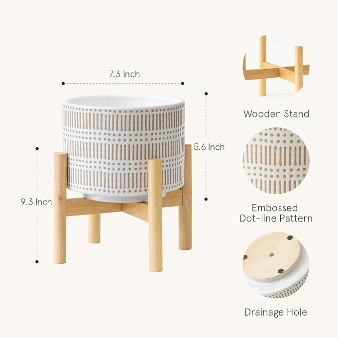 LA JOLIE MUSE Ceramic Plant Pot with Wood Stand - 7.3 Inch Modern Round Decorative Flower Pot Indoor with Wood Planter Holder, Beige and White