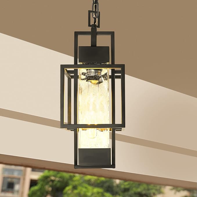 15" Outdoor Indoor Pendant Light Exterior Hanging Lantern, Modern Black Metal Outside Chandelier Light Fixture Ceiling Mount with Water Glass for Front Porch Entrance Foyer Entryway (Bulb Included)