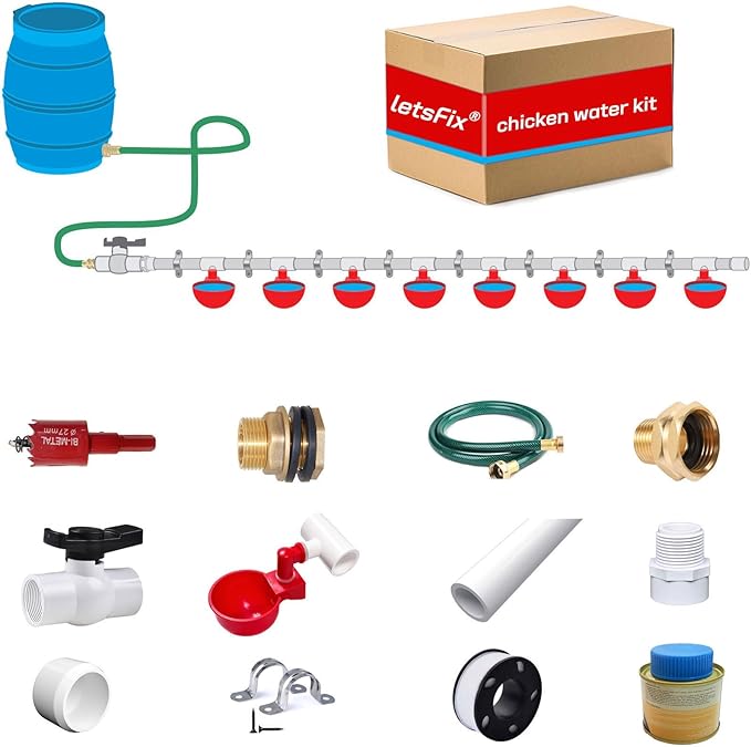 Automatic Chicken Watering System with PVC Pipe (Real Complete Set Pipeline) - 1/2" PVC Tee Fittings & Pipe & Garden Hose Connect to Water Tank, Automatic Poultry Waterer Feeder Kit