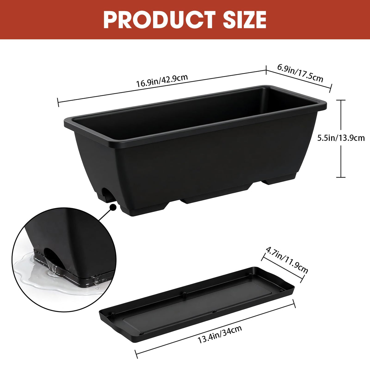 4 Pcs Hanging Flower Pots, 16.9 Inches Railing Planter Box, Black