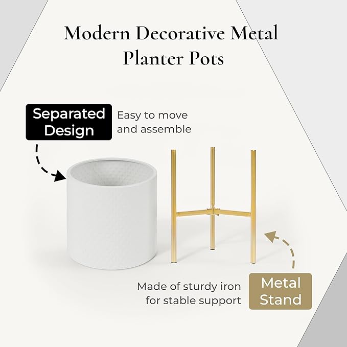 LuxenHome Planters for Indoor Plants, Set of 2 Indoor Plant Pots, White Planter with Gold Metal Stand, Luxury Flower Pots for Plants, Large Floor Plant Pot, NOT Waterproof
