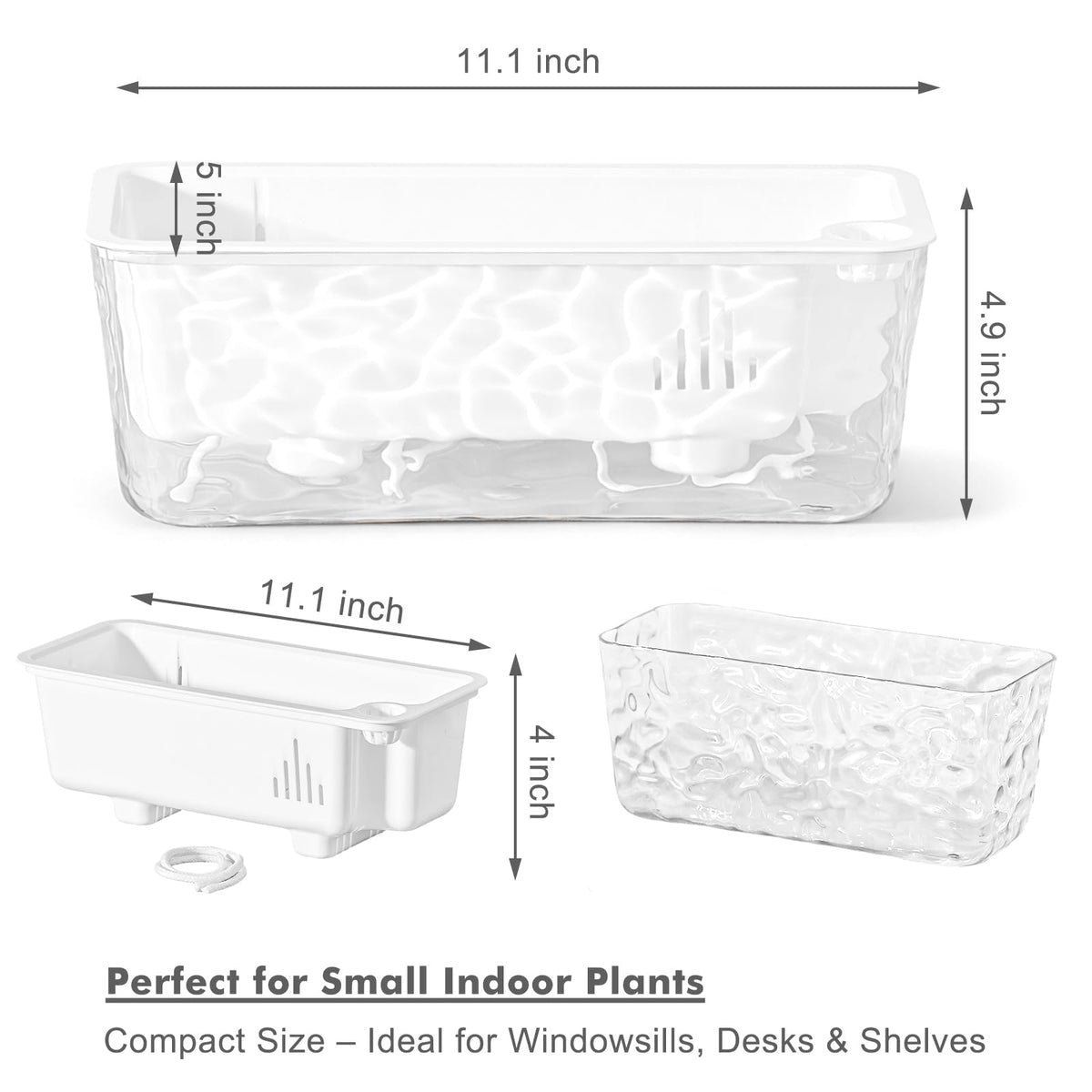 Self Watering Pots for Indoor Plants, 4 Packs Window Boxes Planters Rectangle Self Watering Planter 11 in Rectangular Clear Plant Pots Long Herb Windowsill Planter Flower Box Succulent Planters