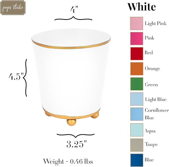 Jaye's Studio Mattie White, Decorative Round Cachepot & Planter, Matte White, Gold Trim & Finish, Hand-Painted, Handcrafted Metal, Luxury Indoor Planter, Size 4"