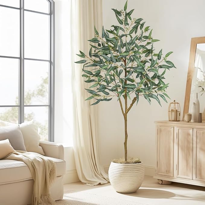 Briful 6ft Artificial Eucalyptus Tree in Black Pot, Realistic Silk Potted Floor Plant Eucalyptus Plant for Home Decor Indoor Outdoor Patio Office, Green Leaf