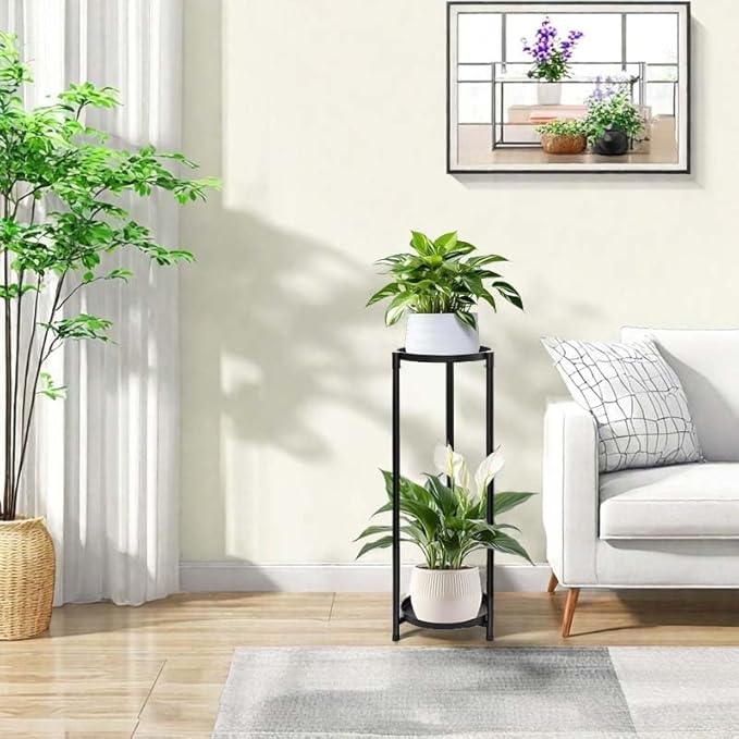 Plant Stand Indoor Outdoor, 2 Tier 24" Tall Black Flower Pot Plant Stands, Heavy Duty Metal Plants Shelf, Rustproof Iron Multiple Plant Round Supports Rack for Planter Corners Garden Balcony Patios
