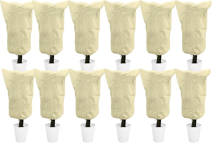 EAONE 12 Pack Plant Covers Freeze Protection, 24x32'' Winter Frosts Cloth for Outdoor Plants, Reusable Frost Blankets Drawstring Bags for Cold Freeze Sun Protection Bird Insect Prevention,Beige