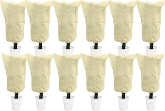 EAONE 12 Pack Plant Covers Freeze Protection, 32x47'' Winter Frosts Cloth for Outdoor Plants, Reusable Frost Blankets Drawstring Bags for Cold Freeze Sun Protection Bird Insect Prevention,Beige