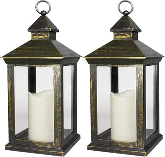 Bright Zeal 2-PACK 14 Inch Vintage Decorative Candle Lanterns With Timer - IP44 Waterproof Distressed Gold Decorative Outdoor Lanterns Battery Powered - Hanging Decorative Lanterns For Wedding Indoors