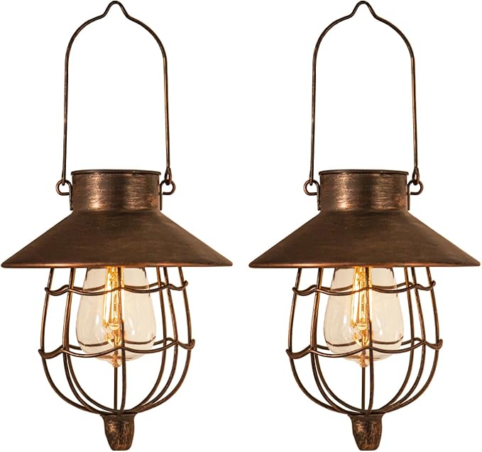 YAKii 2 Pack Solar Lantern Hanging Waterproof Outdoor Metal Solar Lamp with Warm White Light Decorate for Yard Garden Pathway Patio Porch Decor (Antique Copper)