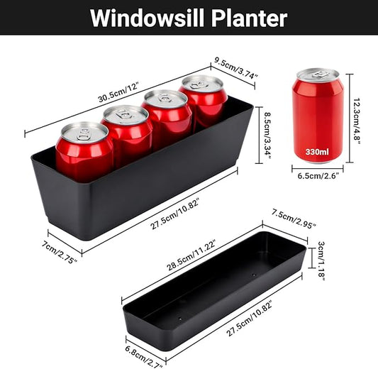 GREANER Black Rectangle Window Boxes, 3 Pack 12x3.8 Inch Herb Planters with Tray, Indoor Succulent Cactus Mint Plastic Pot for Windowsill, Garden Balcony, Office Outdoor Decoration
