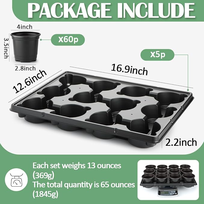 RooTrimmer 4 Inch Plastic Plant Pots 60 Pcs and 12 Cell Nursery Pots Trays 5 Pcs, Thick Sturdy Seeds Starting Germination Shuttle Carrying Trays, Black Small Planter Nursery Propagation 5 Sets