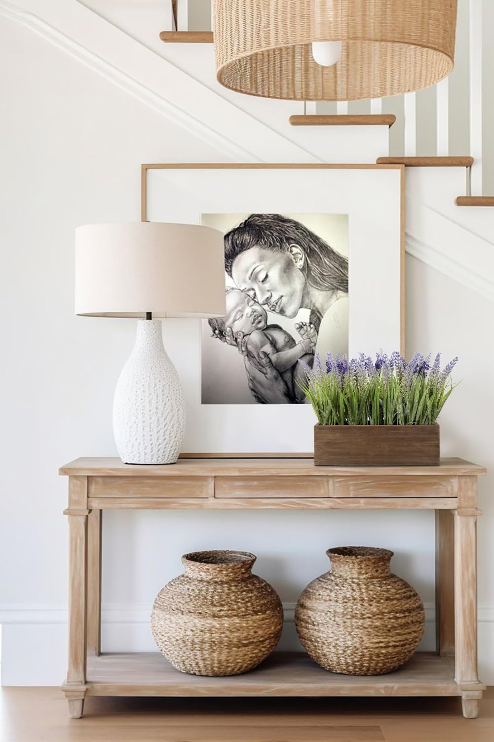 10.6" Artificial Lavender Flowers Arrangement in Rustic Wood Planter Box